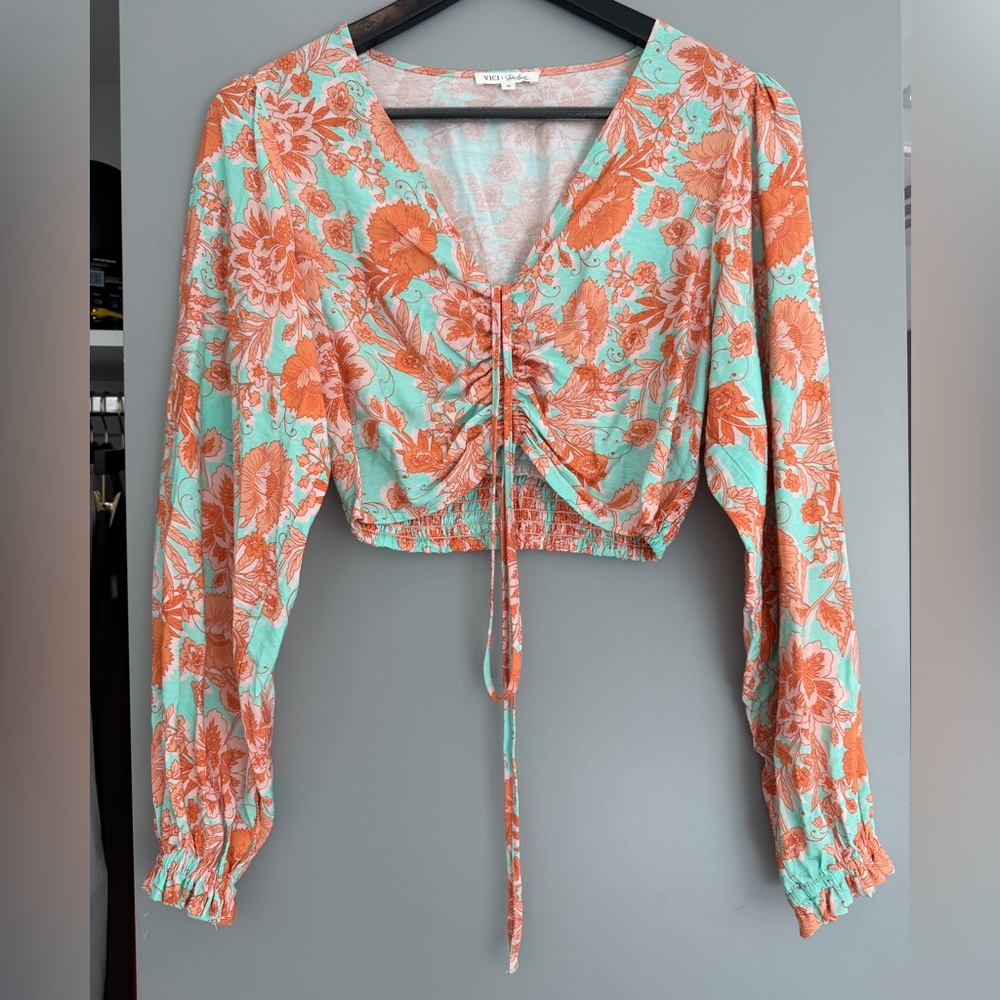 Vici Mint & Coral Floral Drawstring Crop Top